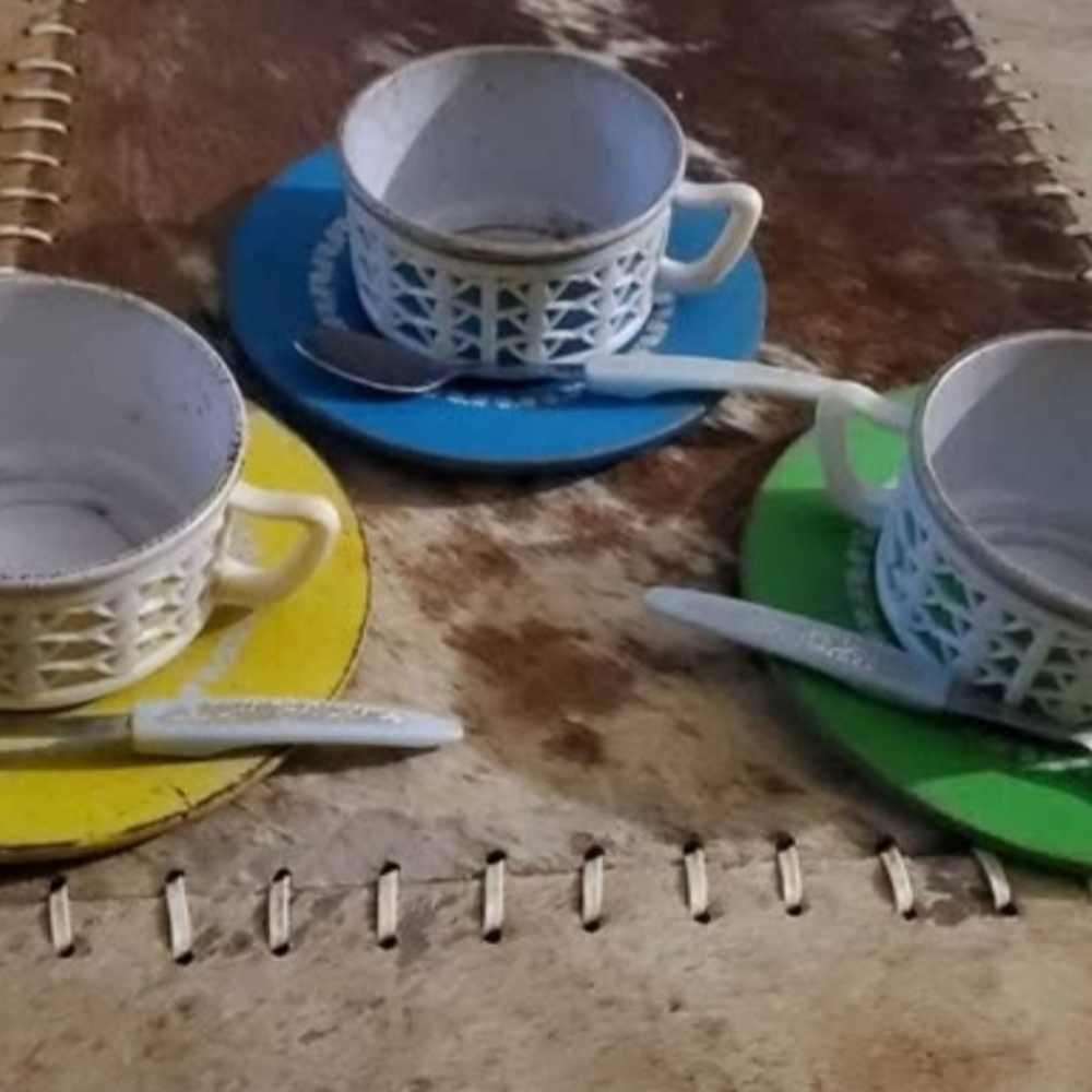 Vintage Toy Tea Cups and Saucers Plus 3 Mini Spoons By Rostfrei. Made In Germany